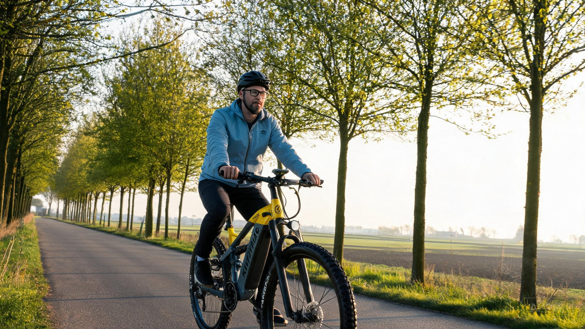 Adult riding e-bike on Dutch cycle path in spring morning light