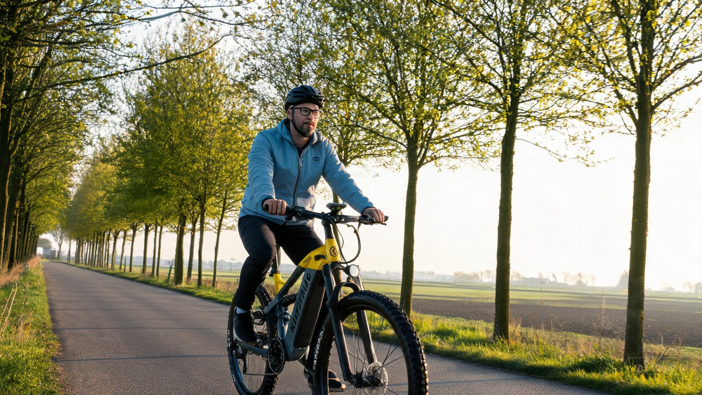 Adult riding e-bike on Dutch cycle path in spring morning light
