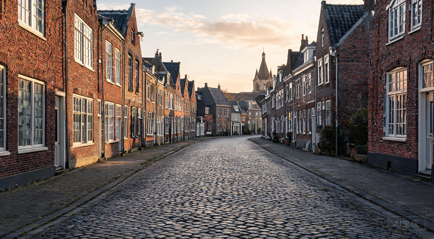 Quiet cobblestone street in a Flemish village, Belgium, with red-brick houses and empty pavement.