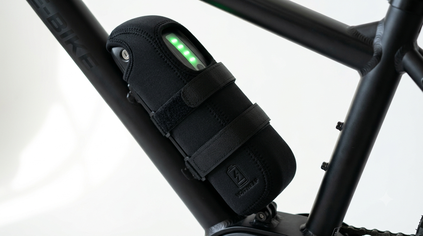 E-bike battery with neoprene insulating sleeve on downtube, charge indicator lit, studio shot