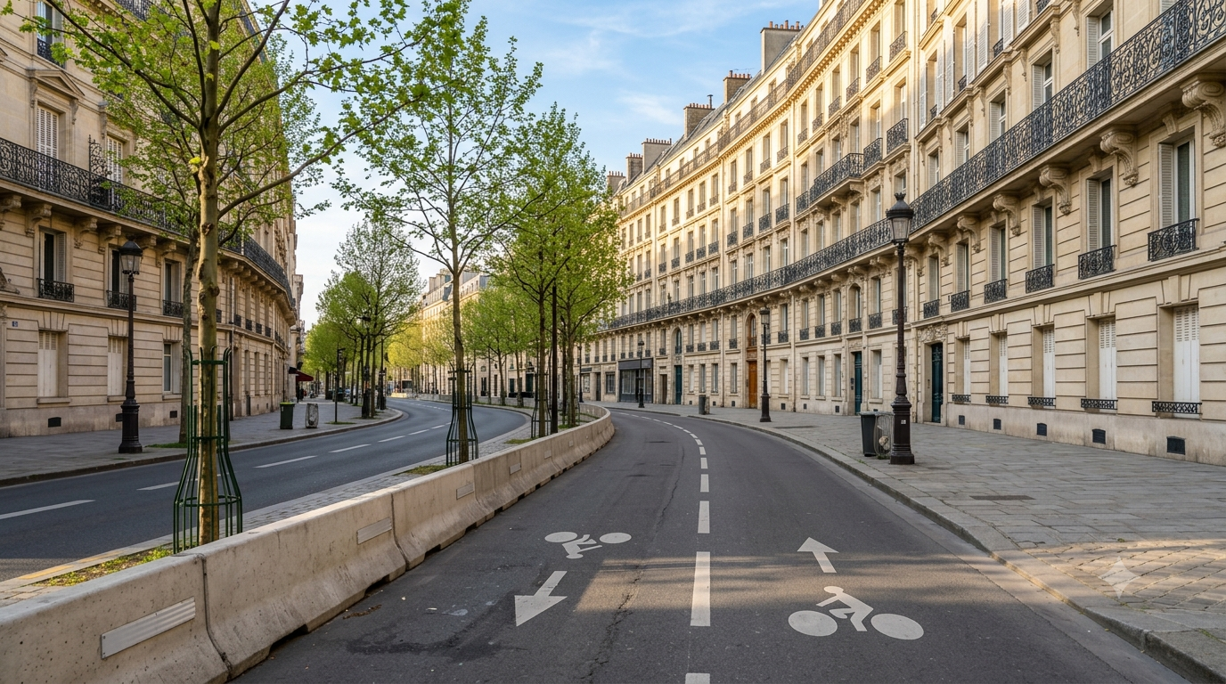 Empty separated cycle path in a French city with Haussmann buildings and morning light