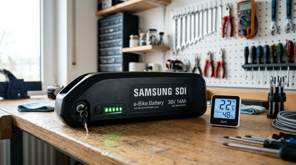 E-bike battery stored safely indoors on workbench at room temperature, away from direct sunlight