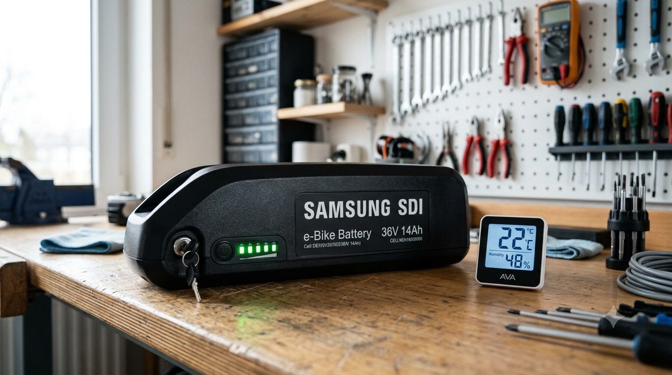 E-bike battery stored safely indoors on workbench at room temperature, away from direct sunlight