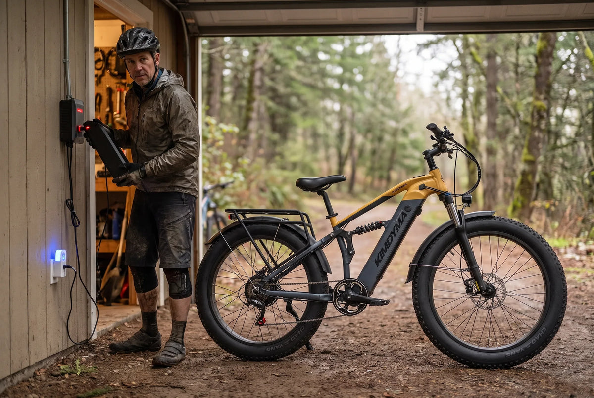 E-bike battery charging at home with automatic mains cutoff plug