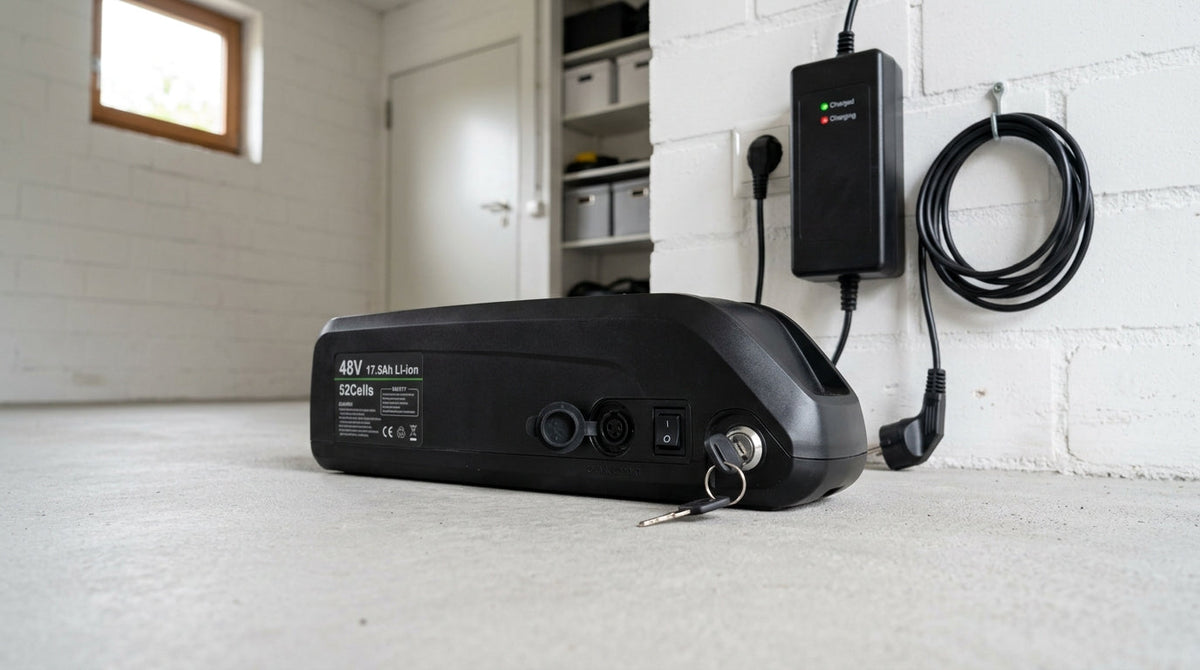 E-bike battery on concrete floor next to wall charger in European garage