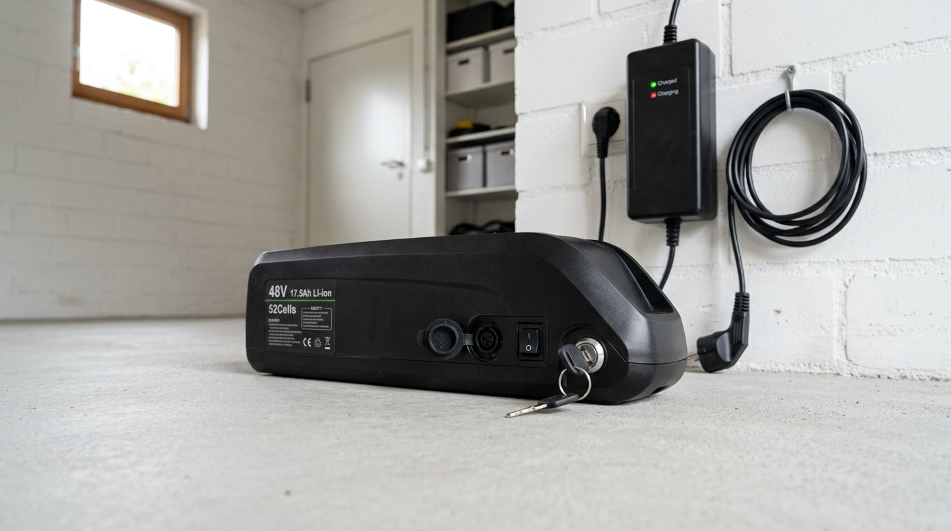 E-bike battery on concrete floor next to wall charger in European garage