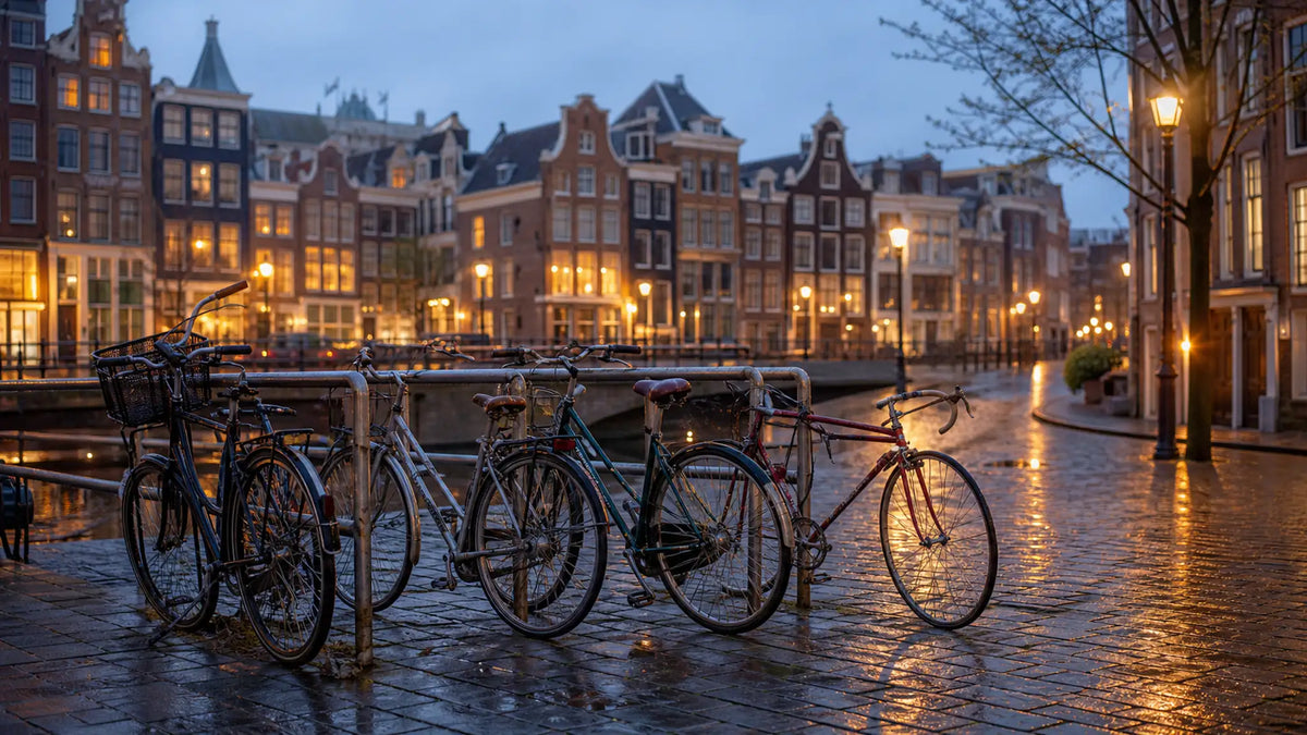 Empty bike rack on wet cobblestone street in Dutch city at dusk