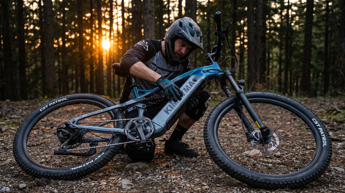 Fahrer inspiziert nach einem Sturz im Wald vorsichtig den E-Bike-Akku bei Licht zur goldenen Stunde