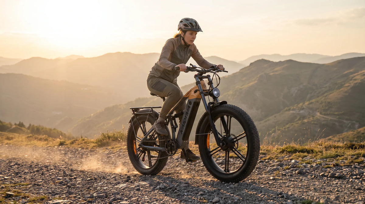 Fahrerin auf einem E-Mountainbike auf einem Bergrücken im Morgenlicht, selbstbewusste und sichere Fahrhaltung