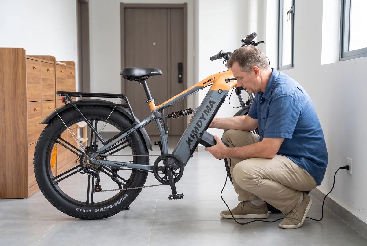 Controllo della batteria e del caricabatterie di una bici elettrica su un pavimento rigido prima della ricarica a casa