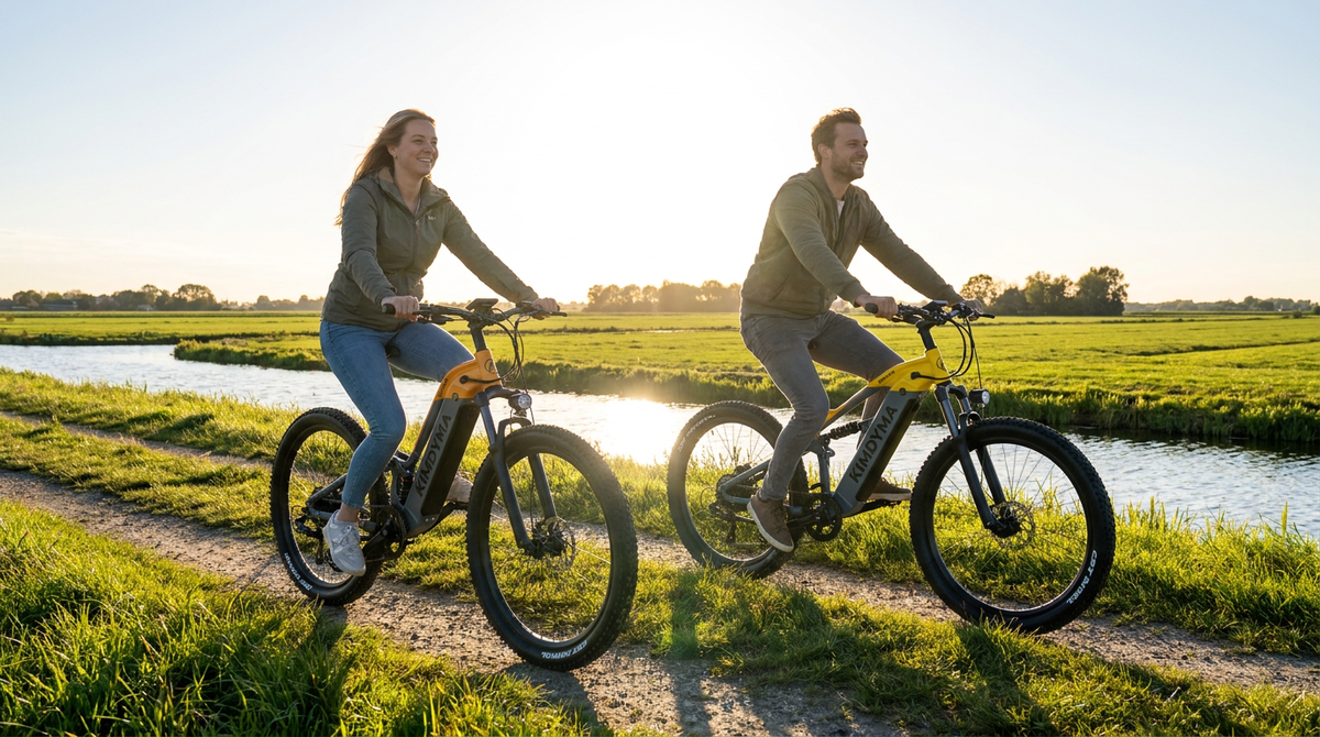 Couple riding e-bikes together on a flat canal path, both smiling and relaxed despite different fitness levels