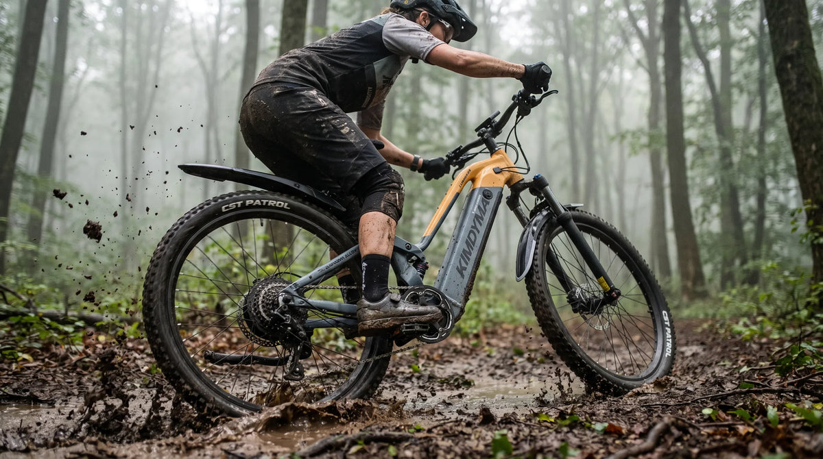 Ciclista diagnosticando la conexión del sensor de par de la bicicleta eléctrica en el eje de pedalier en un sendero forestal