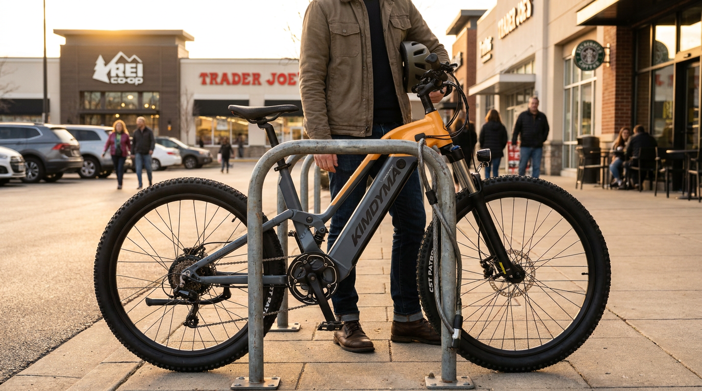 E-bike secured with U-lock and cable lock at retail park bike rack, proper theft prevention setup