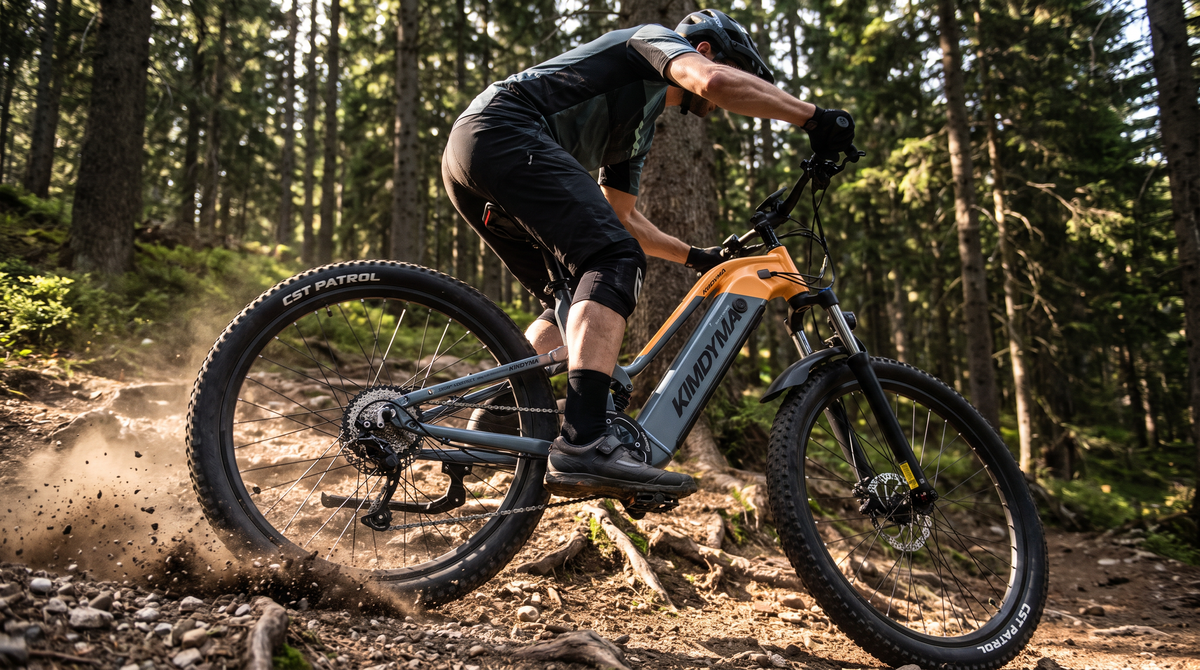 Two e-bike riders climbing a mountain trail, representing different legal compliance categories