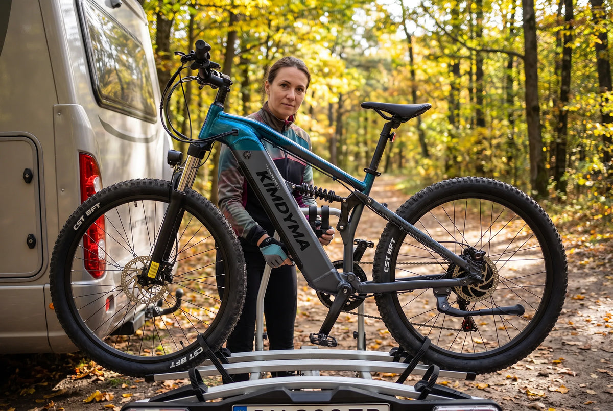 Bicicleta eléctrica montada en un portabicicletas de enganche en la parte trasera de una autocaravana en un camping forestal