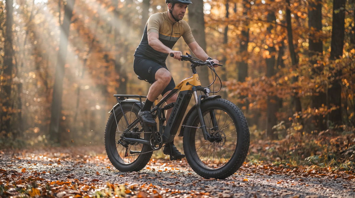 Ciclista en una bicicleta eléctrica de montaña en un sendero forestal otoñal con luz matutina