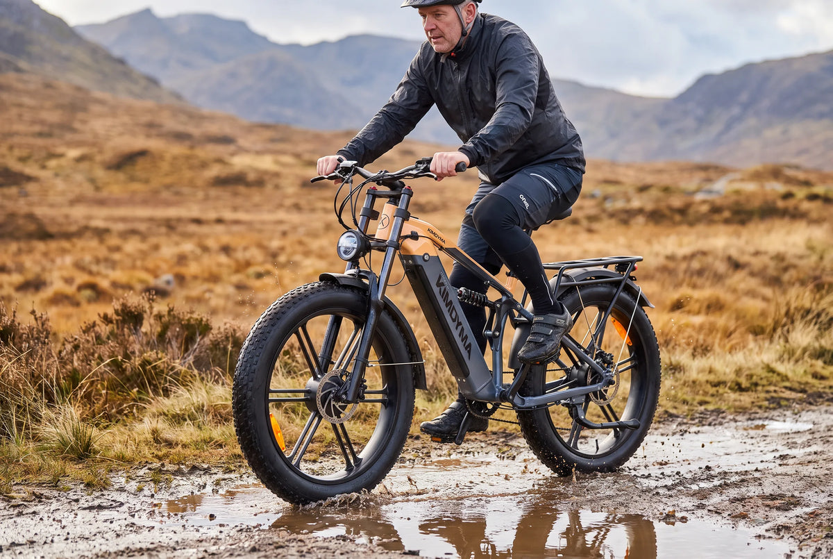 Ciclista su mountain bike elettrica su un sentiero boschivo che controlla la conformità legale in autunno