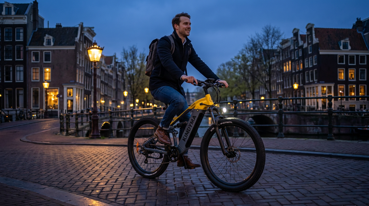 E-bike commuter climbing a steep urban hill with ease, demonstrating mid-drive motor torque assistance