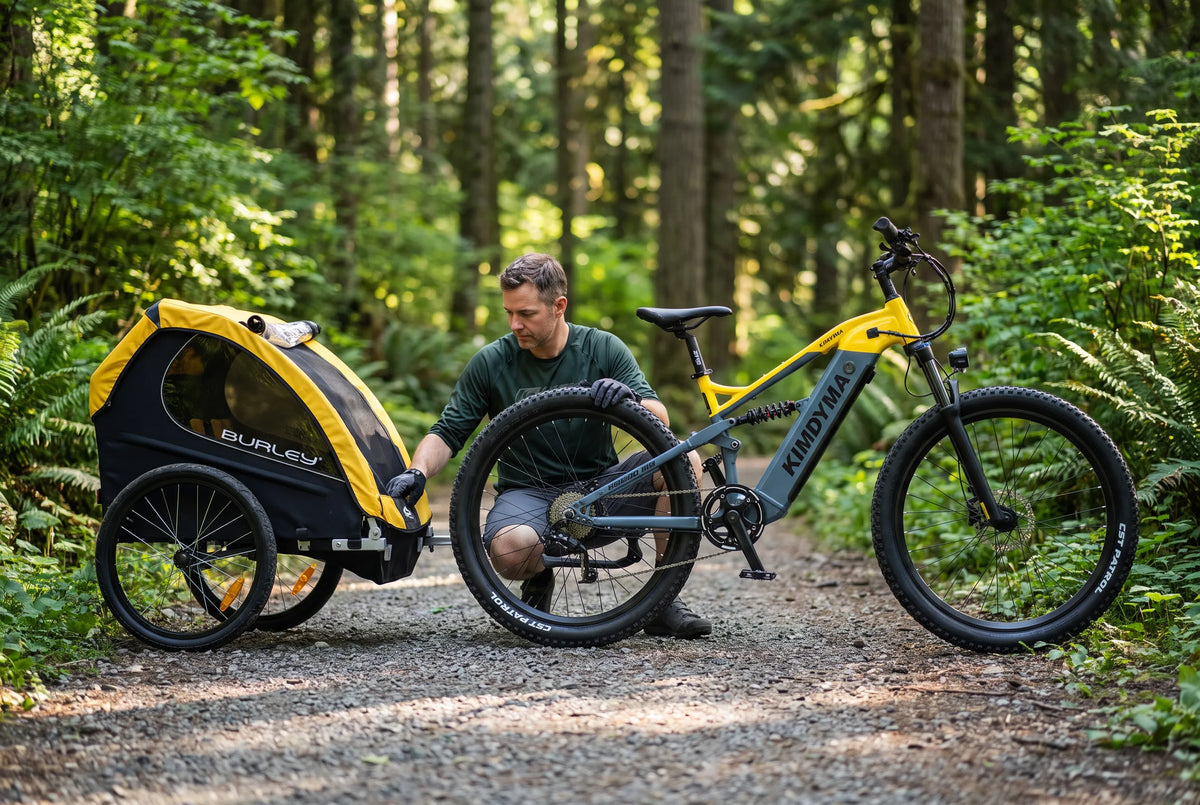 Burley D'lite bike trailer wheel being checked on a forest trail