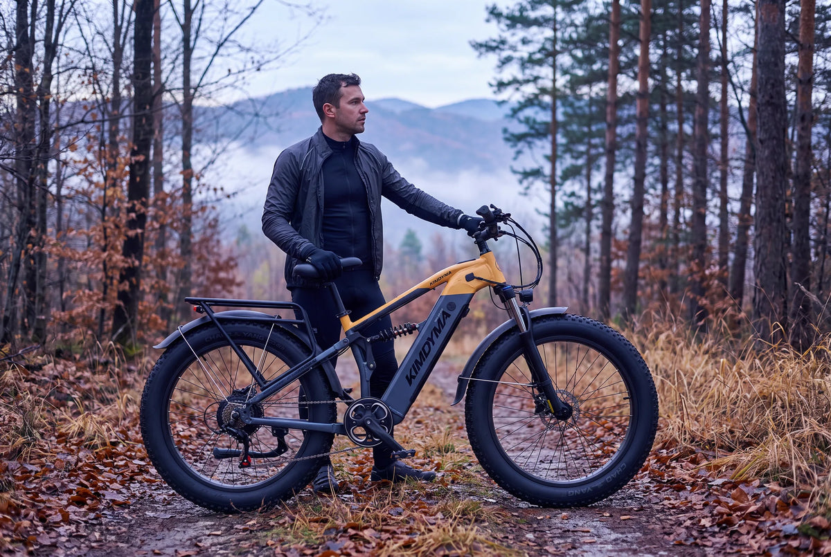 Mountain bike elettrica parcheggiata su un sentiero forestale autunnale con un ciclista accanto