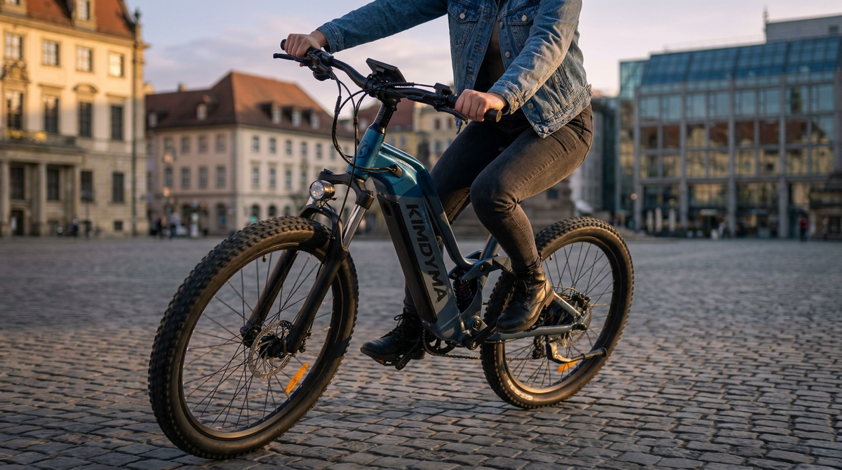 Frau fährt ein E-Bike mit vom Automobildesign inspiriertem Look auf einem europäischen Stadtplatz während der goldenen Stunde