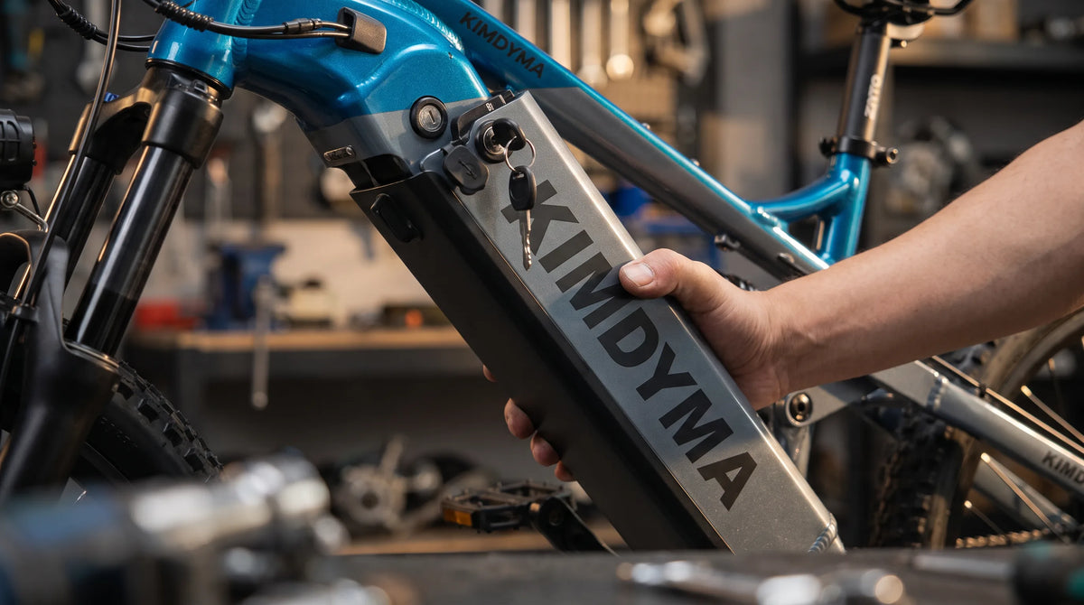 Detailaufnahme des herausnehmbaren Unterrohr-Akkus eines Kimdyma E-Bikes mit Schlüsselschloss, aufgenommen vor verschwommenem Waldhintergrund