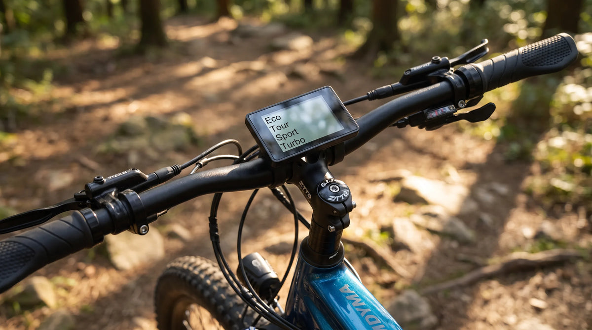Nahaufnahme des Lenker-Displays eines Kimdyma E-Bikes, das die Unterstützungsmodi (Eco/Tour/Sport/Turbo) auf einem Monochrom-Bildschirm anzeigt, r