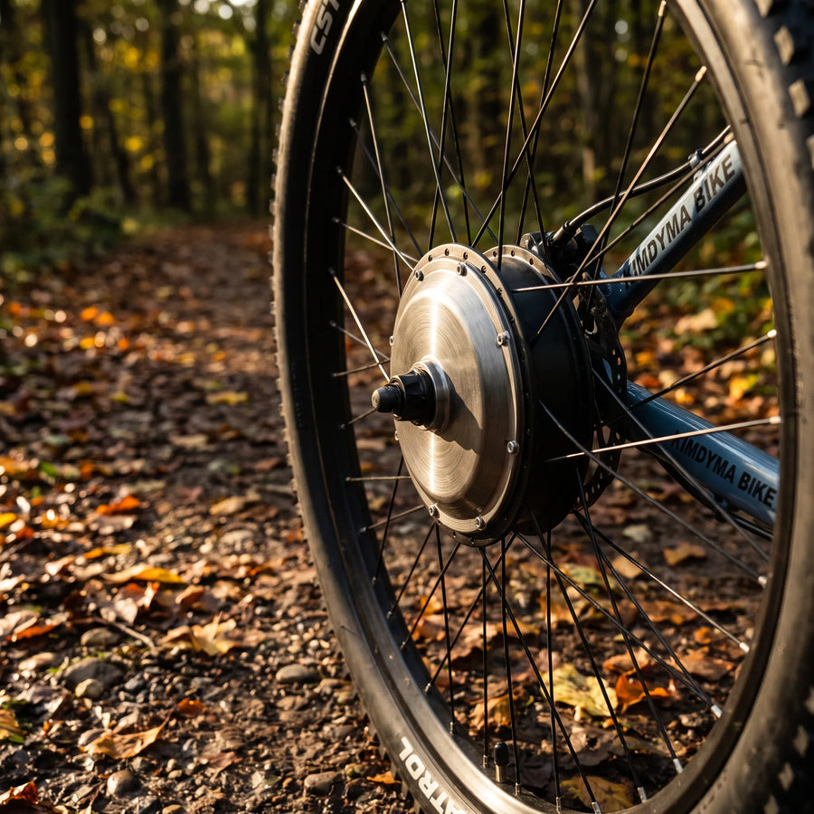 Close-up of Kimdyma K01 e-MTB rear hub motor, showing the connection between motor housing and spokes against blurred fo