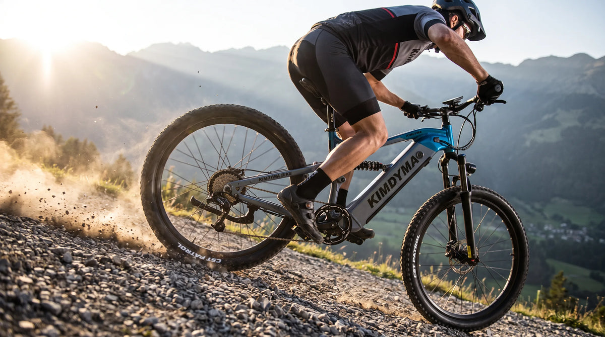 A cyclist powers up a steep 30-degree gravel slope on a Kimdyma all-terrain e-mountain bike, shot from a low angle at da