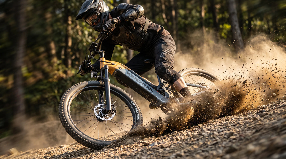 Close-up of a Kimdyma K02 mountain bike's front wheel gripping loose gravel on a steep downhill trail, suspension compre