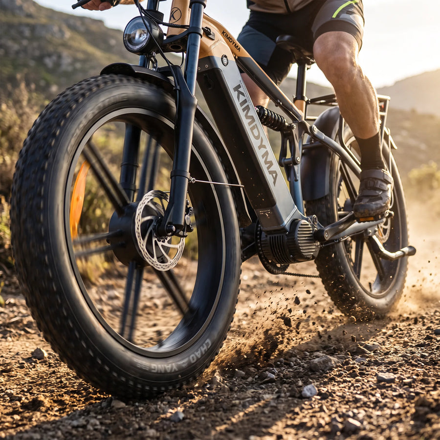 Close-up of Kimdyma K03 e-MTB aluminum frame showing dual motor mounting area and bottom bracket, with motion-blurred 26