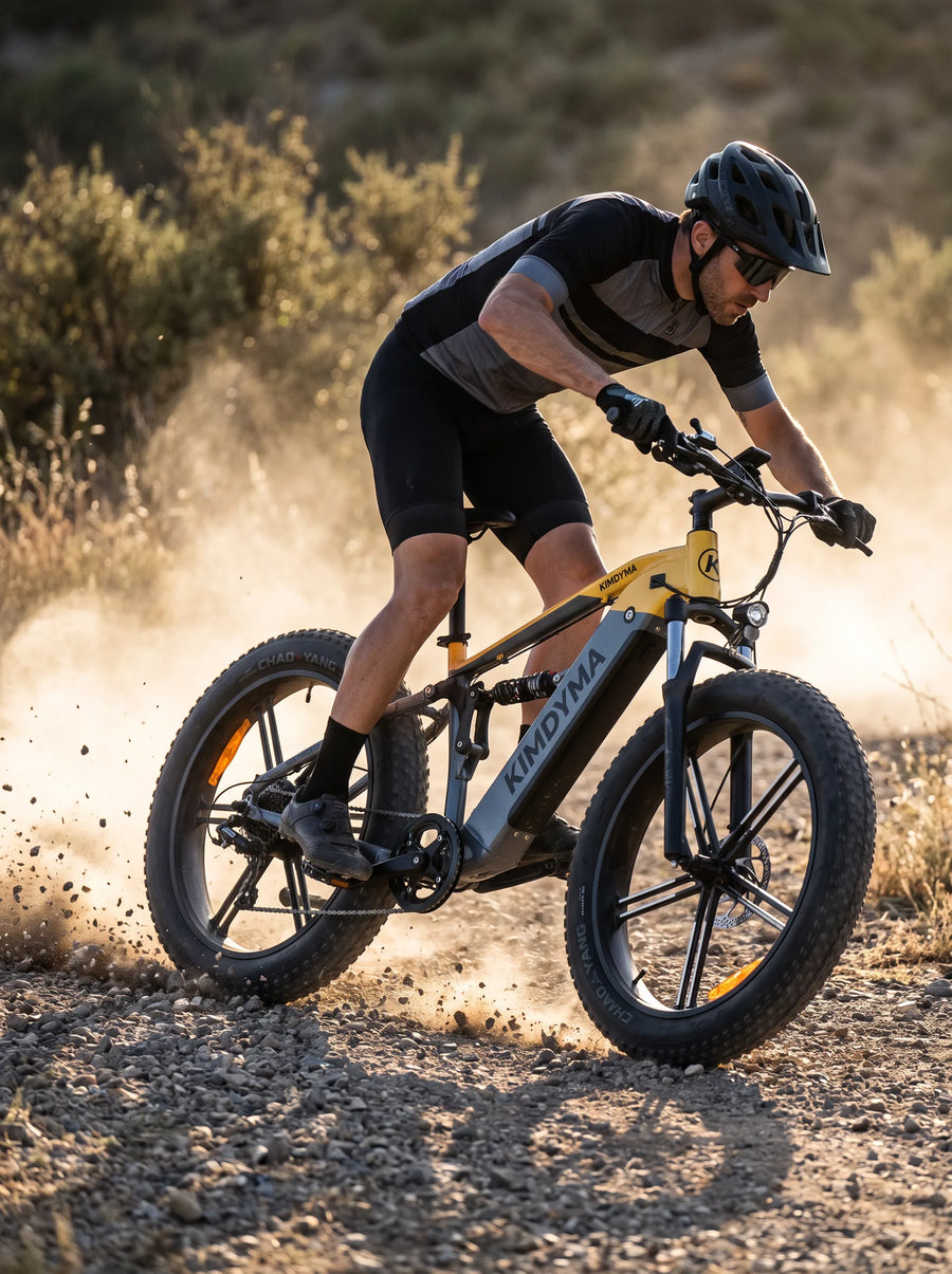A Kimdyma K03 e-bike riding on a gravel trail, kicking up dust and small stones from the rear wheel, captured from a low