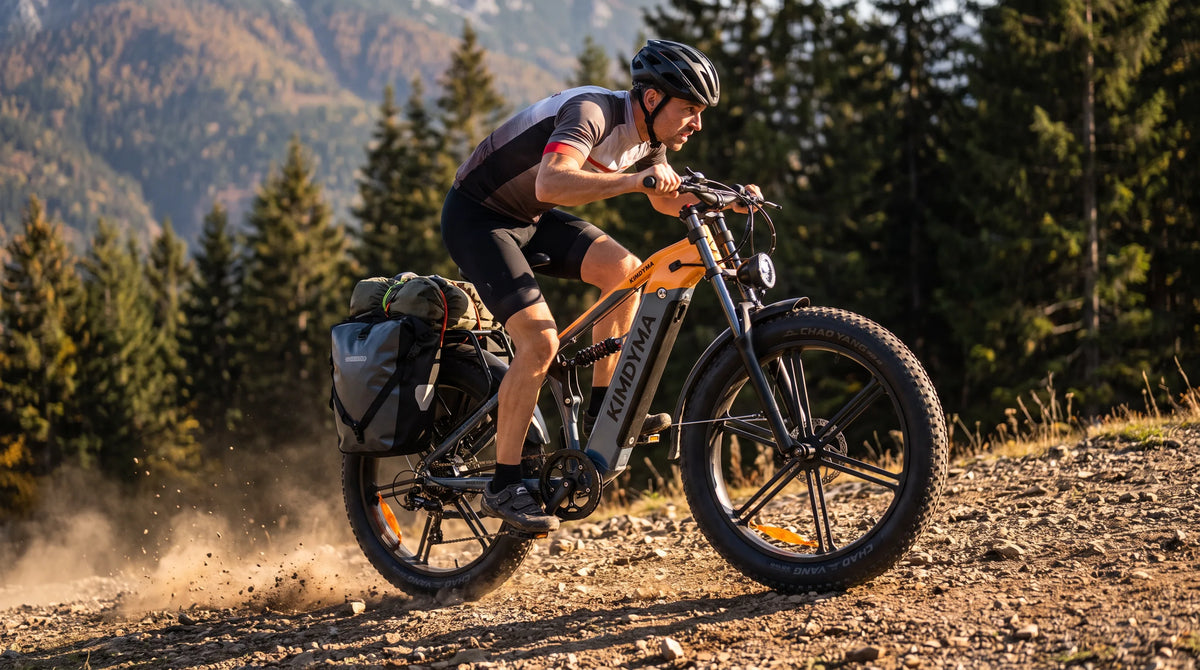 Male cyclist riding a loaded Kimdyma K03 e-MTB uphill on rocky forest trail with camping gear, morning light filtering t