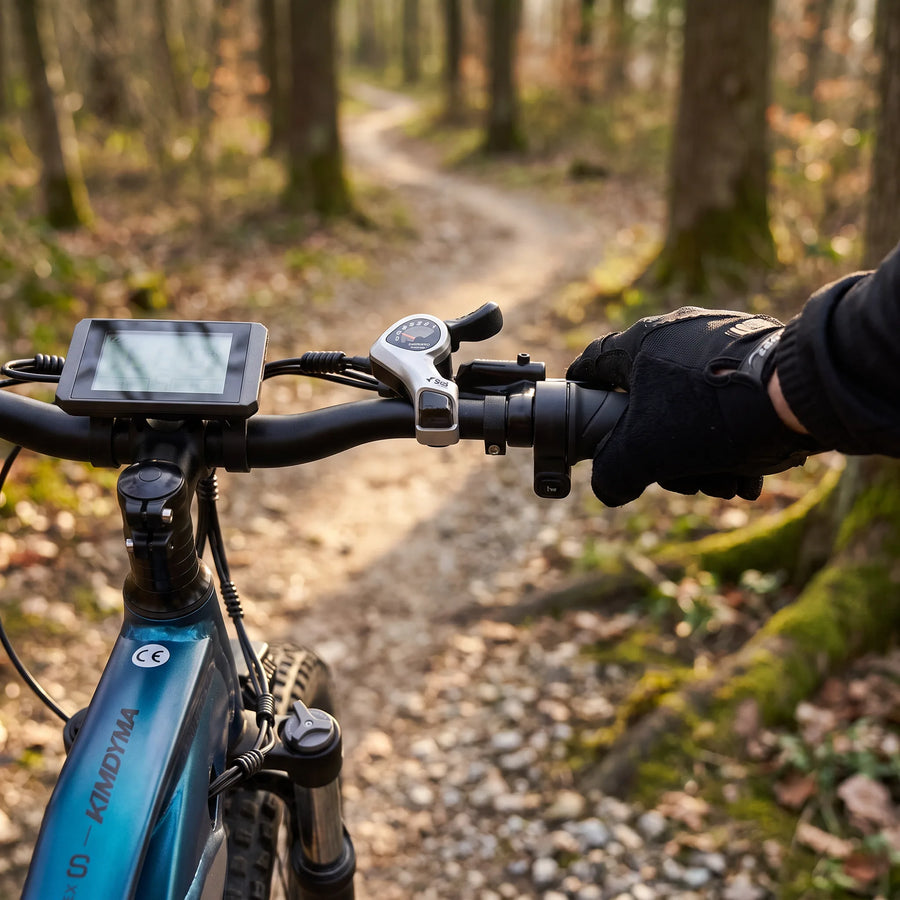 Un ciclista con guanti afferra il manubrio di una bici elettrica Kimdyma color ottanio con display, percorrendo un sentiero tortuoso in ghiaia attraverso un bosco autunnale soleggiato.